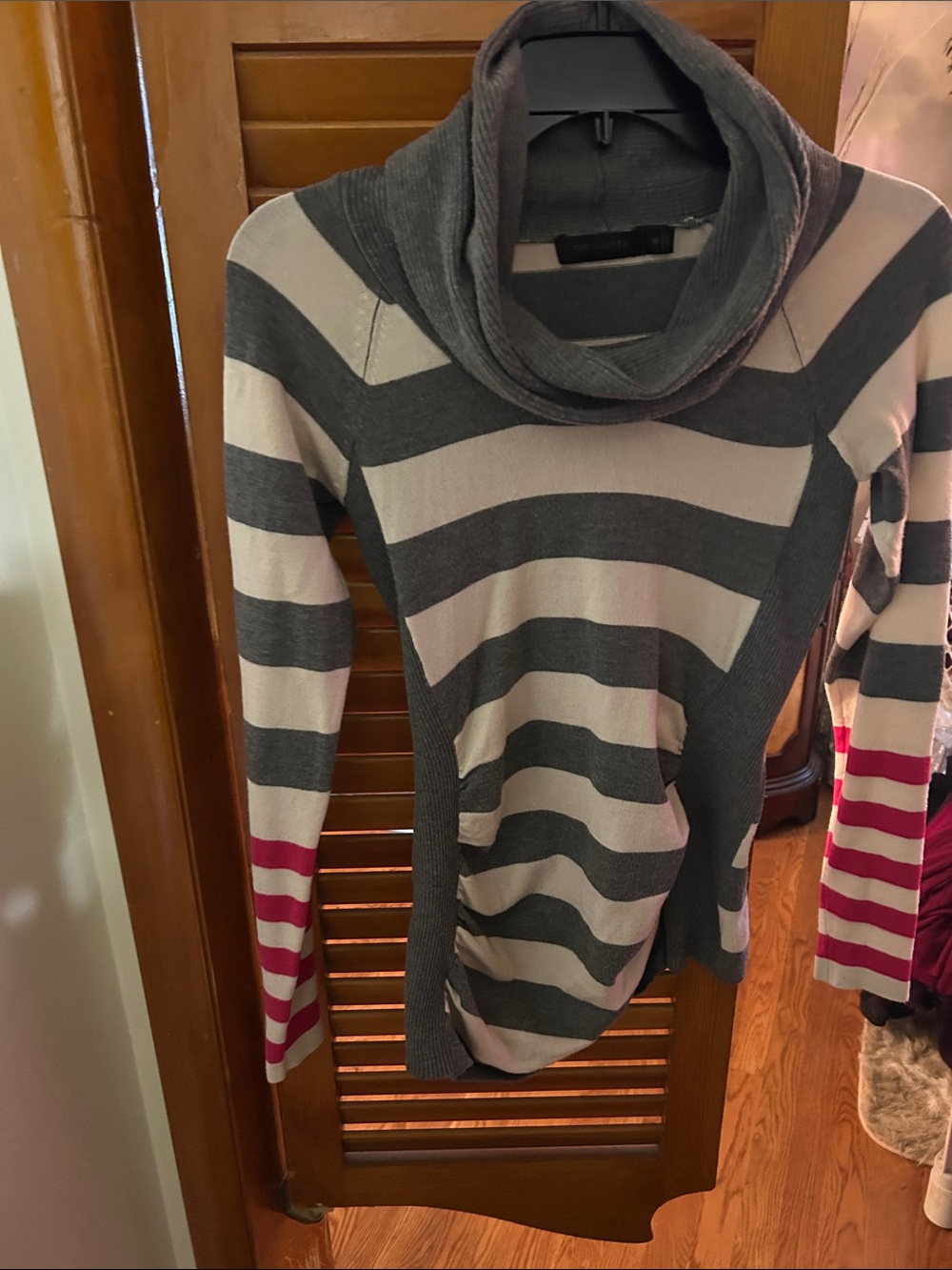 The Limited Striped Cowl Neck Sweater in Gray, Cream & Pink